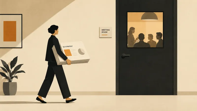 One person carrying a stack of slides through an office corridor toward a closed meeting-room door, others waiting inside