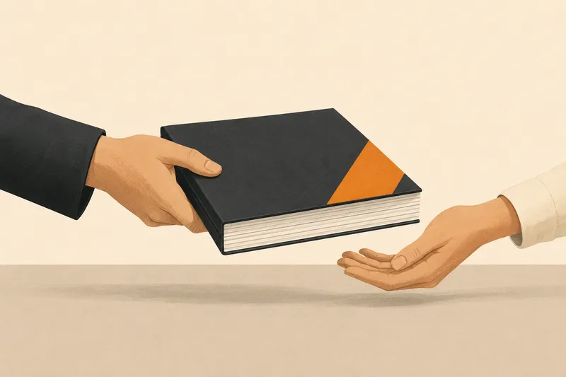 Two hands passing a thick presentation deck across a plain desk, like handing over a set of tools