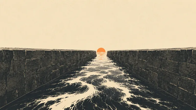 A river held tight between two high stone banks, the narrow channel making the water run fast and bright