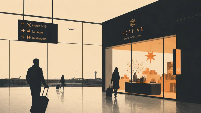 A restrained festive storefront glowing at an airport terminal at dusk, luggage in silhouette