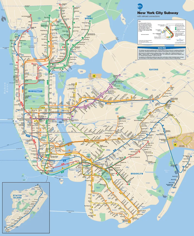 The official 2013 New York City Subway map, showing the city’s train lines and stations compressed into a single diagram