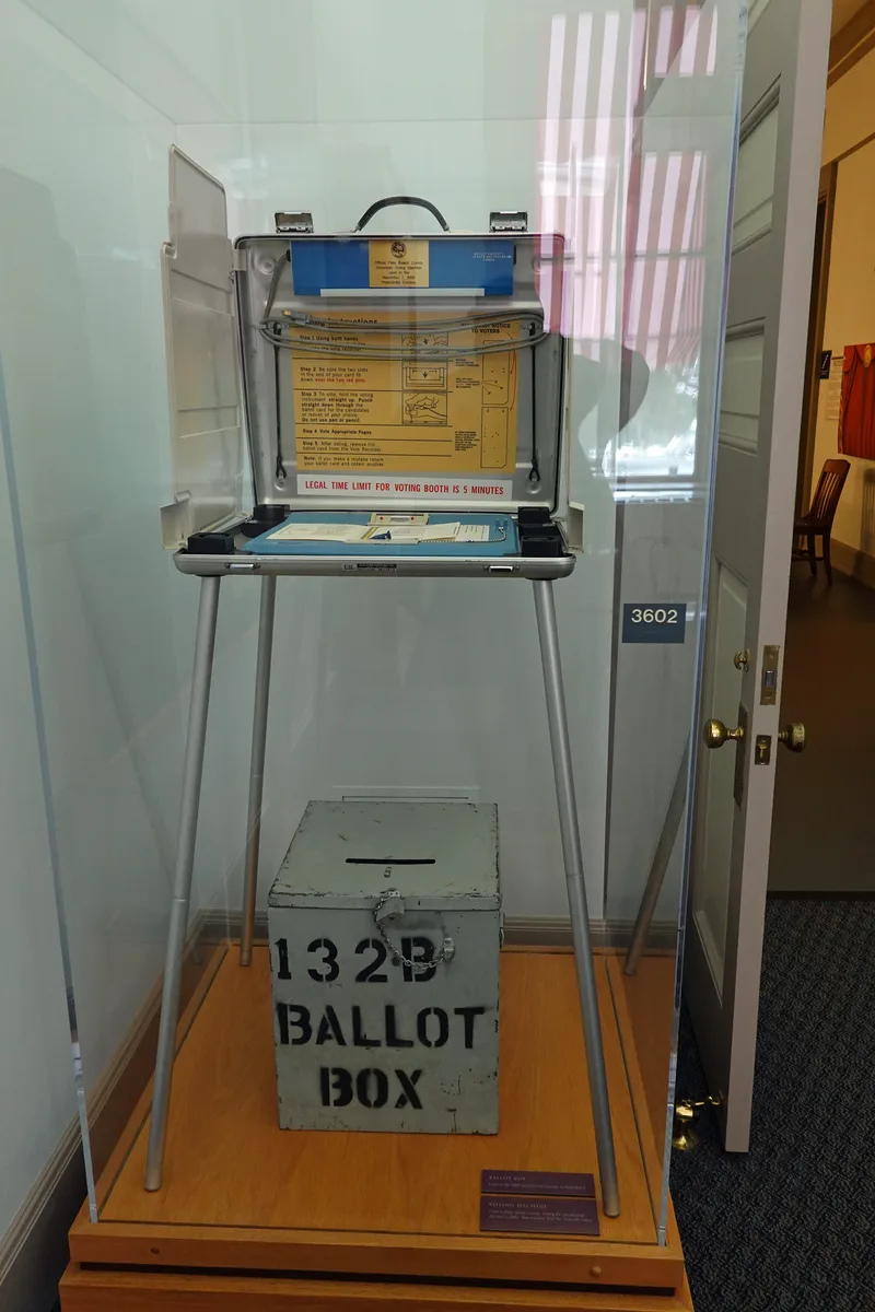 The actual Votomatic voting machine used in Palm Beach County on November 7, 2000, displayed on its stand above its ballot box, with a printed voting instructions panel and a sign reading Legal time limit for voting booth is 5 minutes.