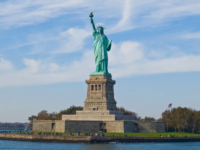 The Statue of Liberty on Liberty Island, seen from the water
