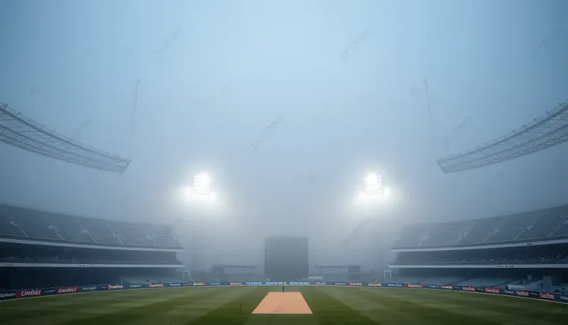 An empty floodlit cricket pitch at night rendered as a video-game scene, a single faceless player silhouette resolving out of soft pixels at the crease
