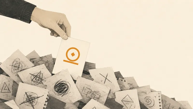 A wall of hand-drawn pictogram sketches, most crossed out, a few circled