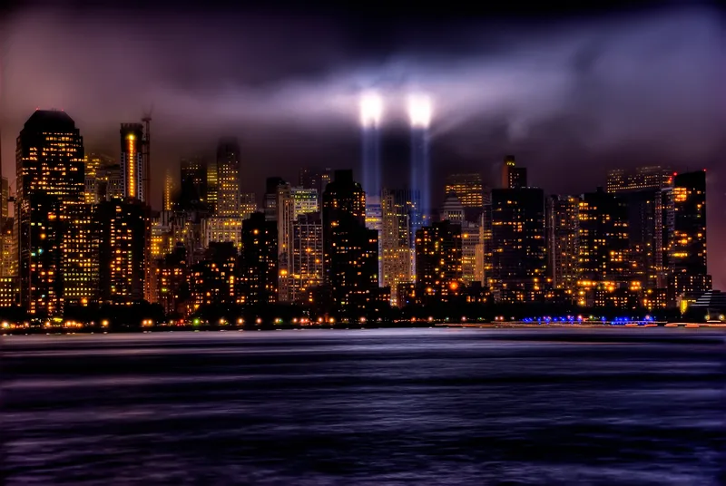 The Tribute in Light installation, two beams rising from Lower Manhattan on the anniversary of the September 11 attacks