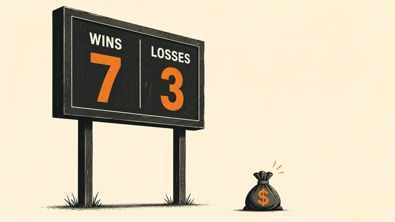 A scoreboard reading 7 wins and 3 losses standing tall, while right beside it a money bag has visibly shrunk, the mismatch between winning and profiting made obvious