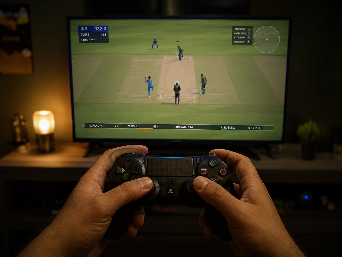 Cricket video game being played on a television with a controller